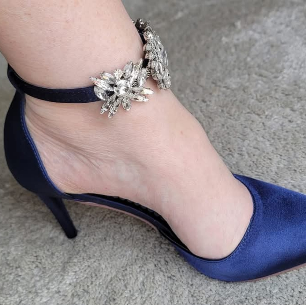 Elegant Blue Satin Heels with Crystal Embellishment at Ankle